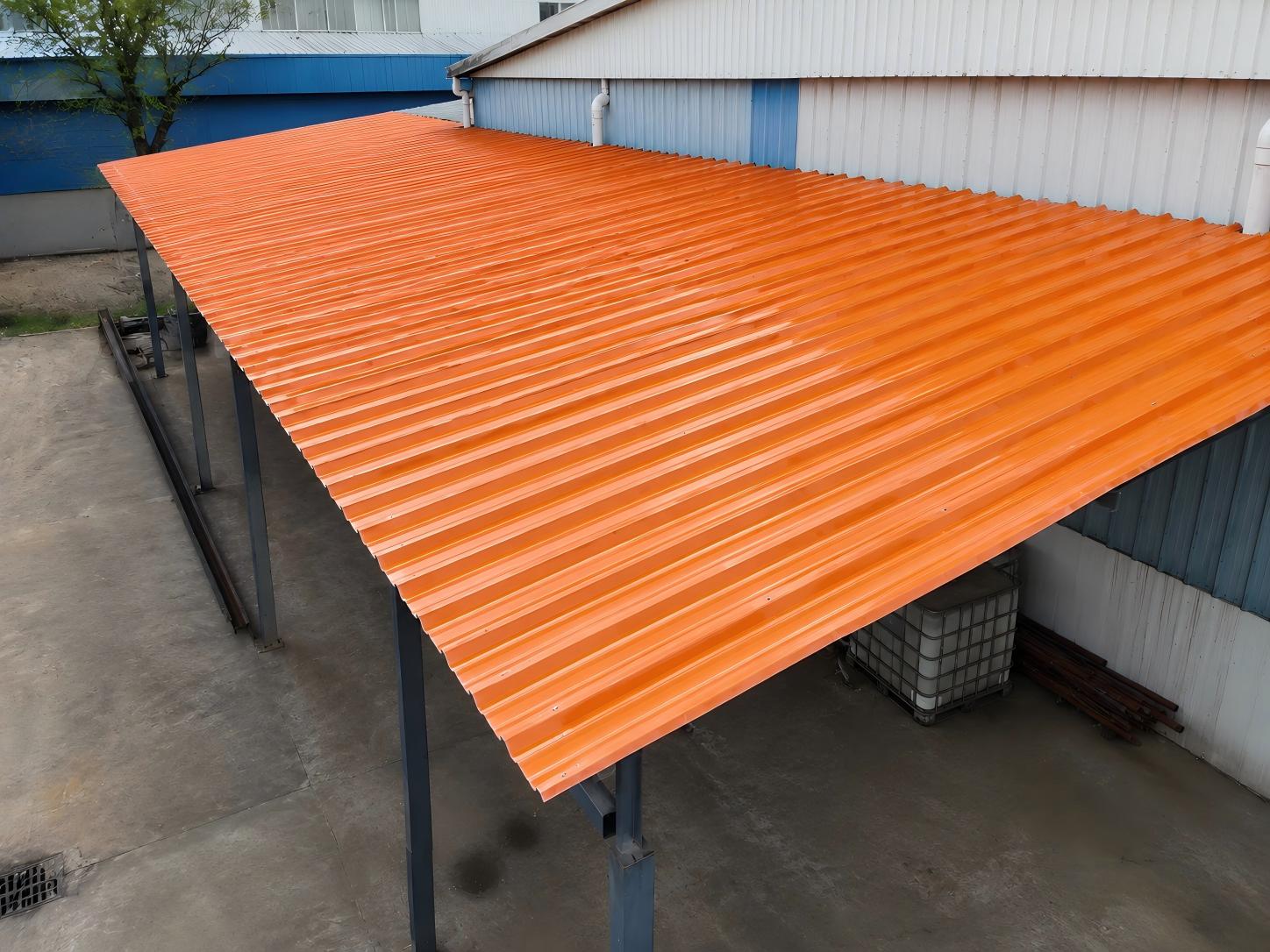 Workshop extension canopy with orange FRP sheet